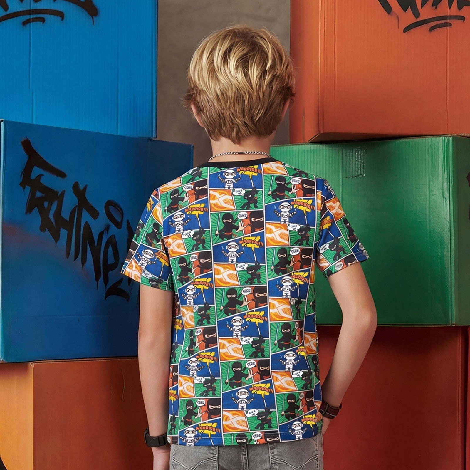 Kid's Black Slim Fit Printed T-Shirts