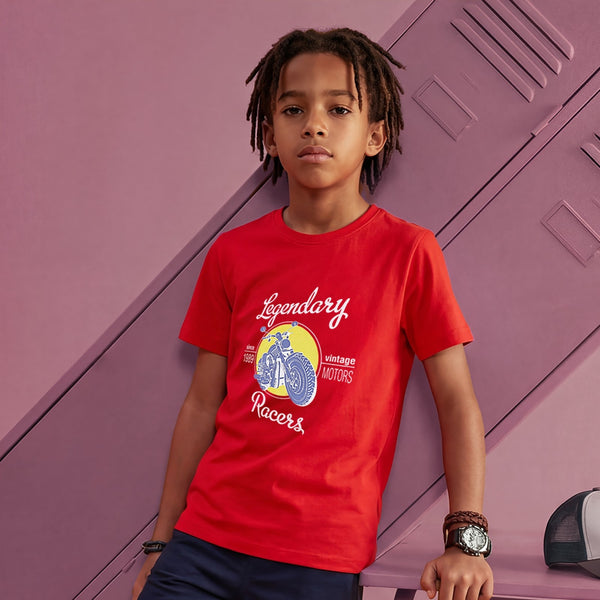 Kid's Red Slim Fit Printed T-Shirts