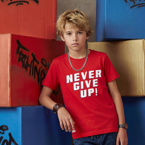 Kid's Red/Aqua Slim Fit Printed T-Shirts