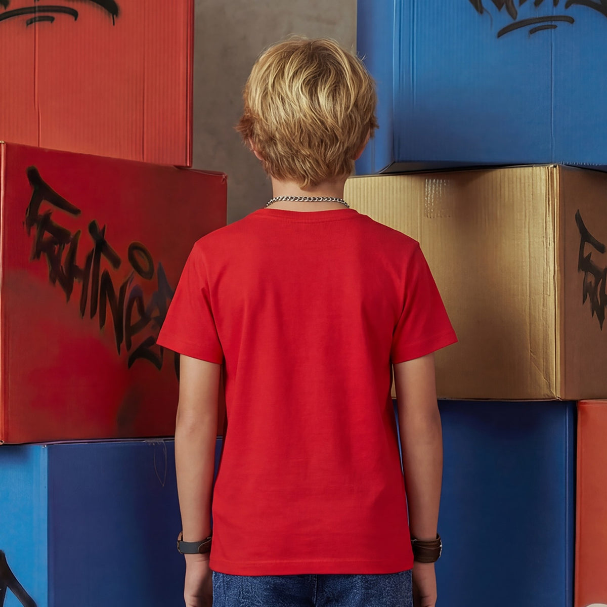 Kid's Red/Aqua Slim Fit Printed T-Shirts