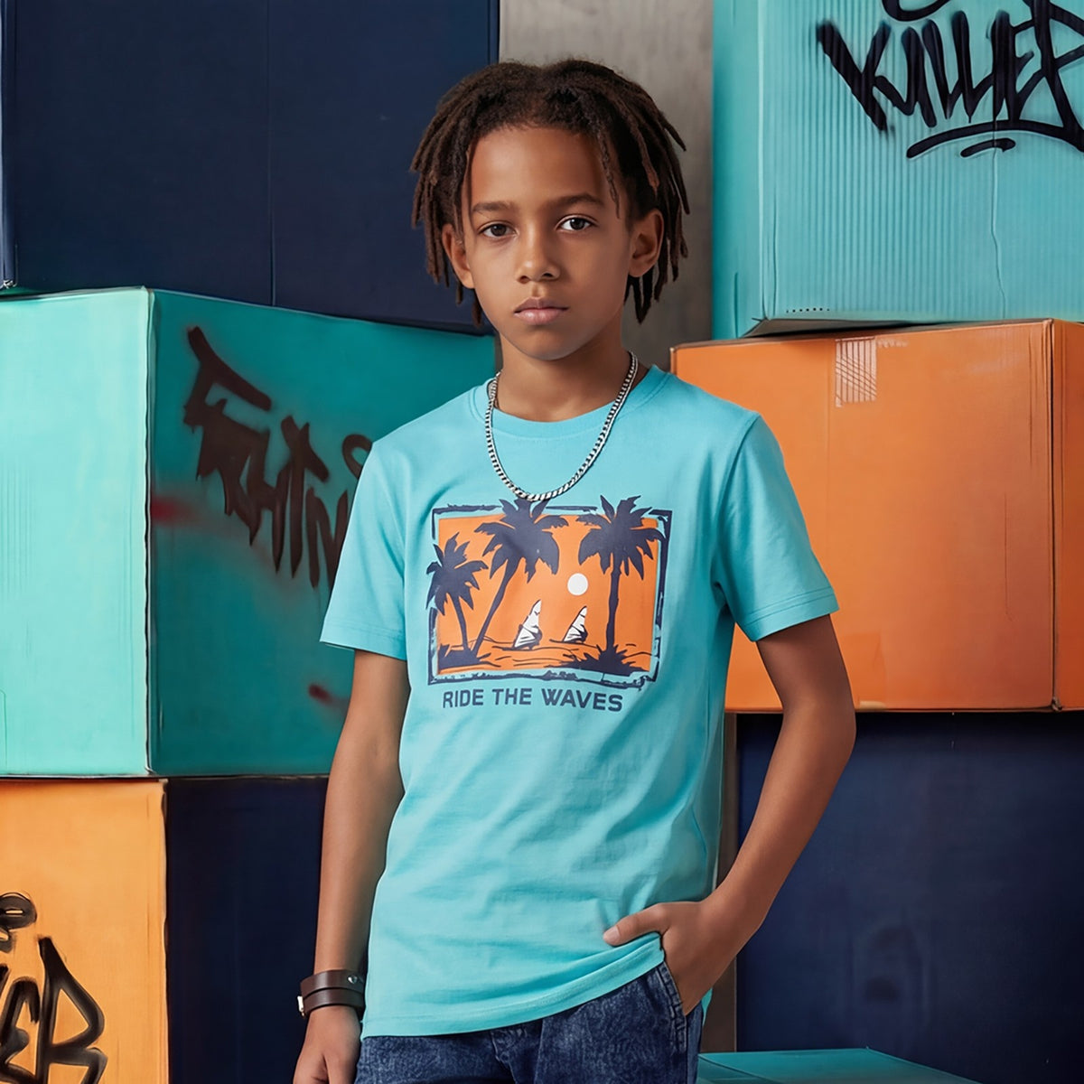 Kid's Red/Aqua Slim Fit Printed T-Shirts