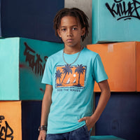 Kid's Red/Aqua Slim Fit Printed T-Shirts