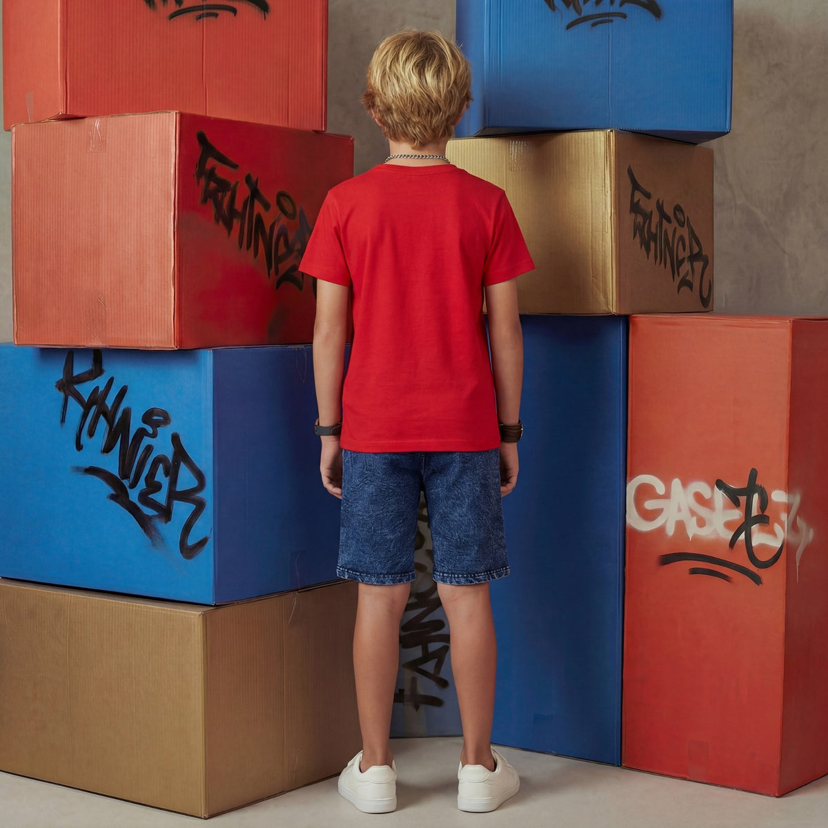 Kid's Red/Aqua Slim Fit Printed T-Shirts