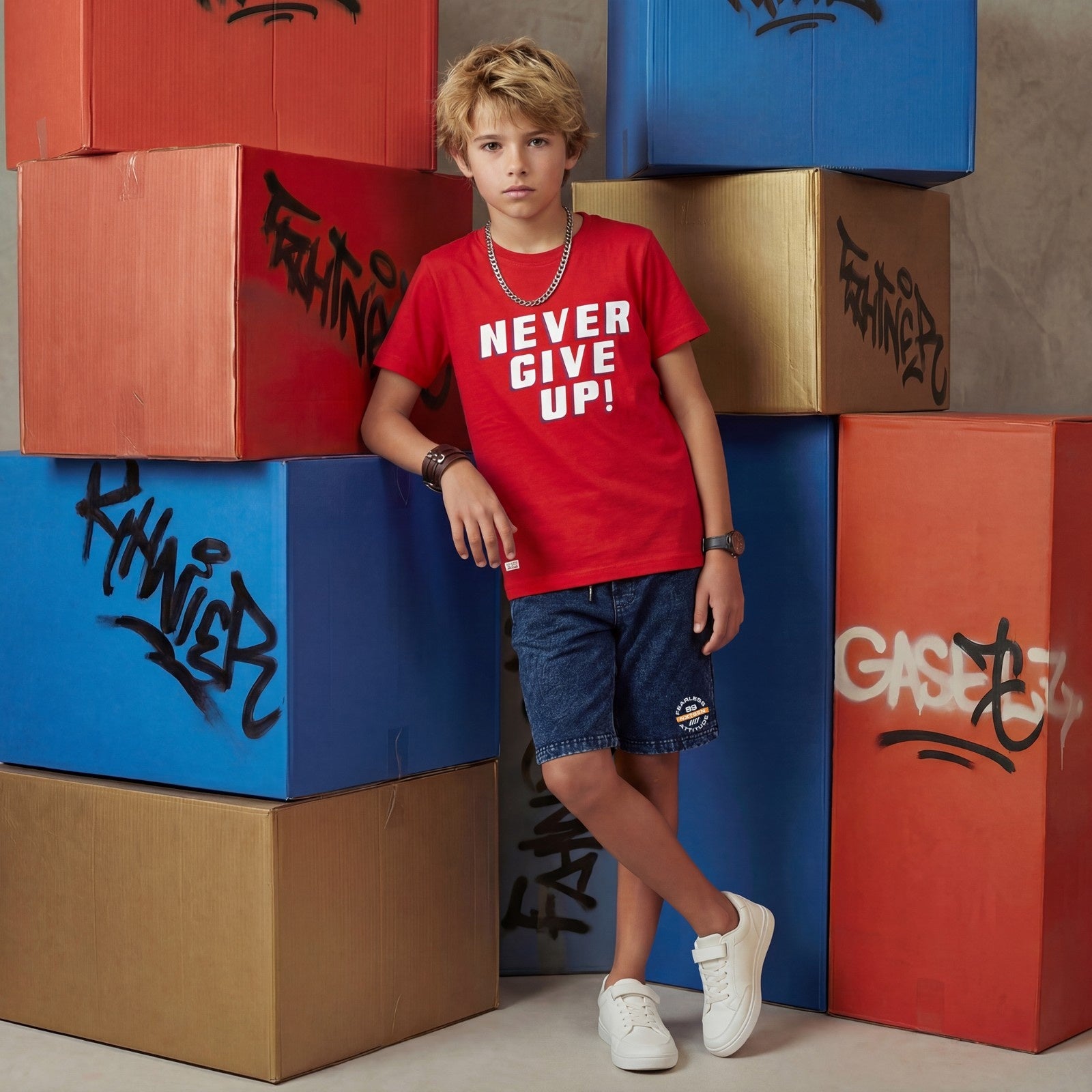 Kid's Red/Aqua Slim Fit Printed T-Shirts