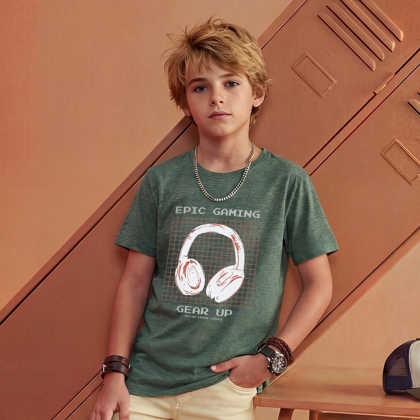 Junior Killer Green Slim Fit Printed T-Shirts