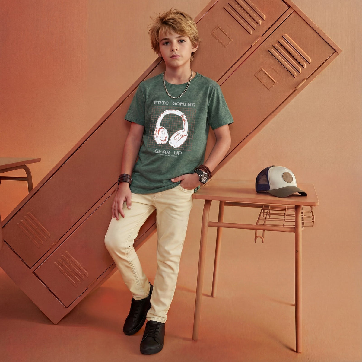 Kid's Green Slim Fit Printed T-Shirts