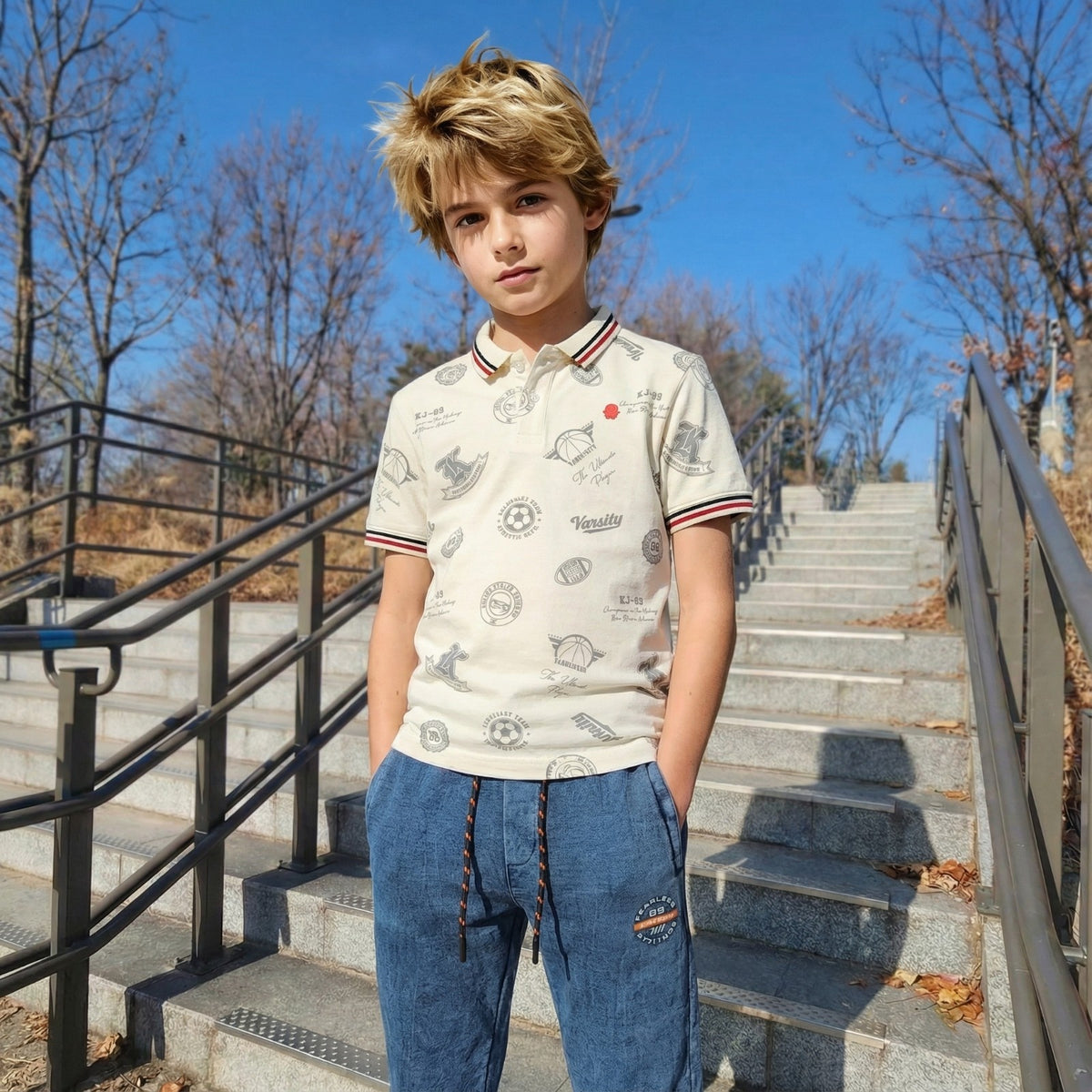 Kid's White Polo Neck Printed T-Shirts