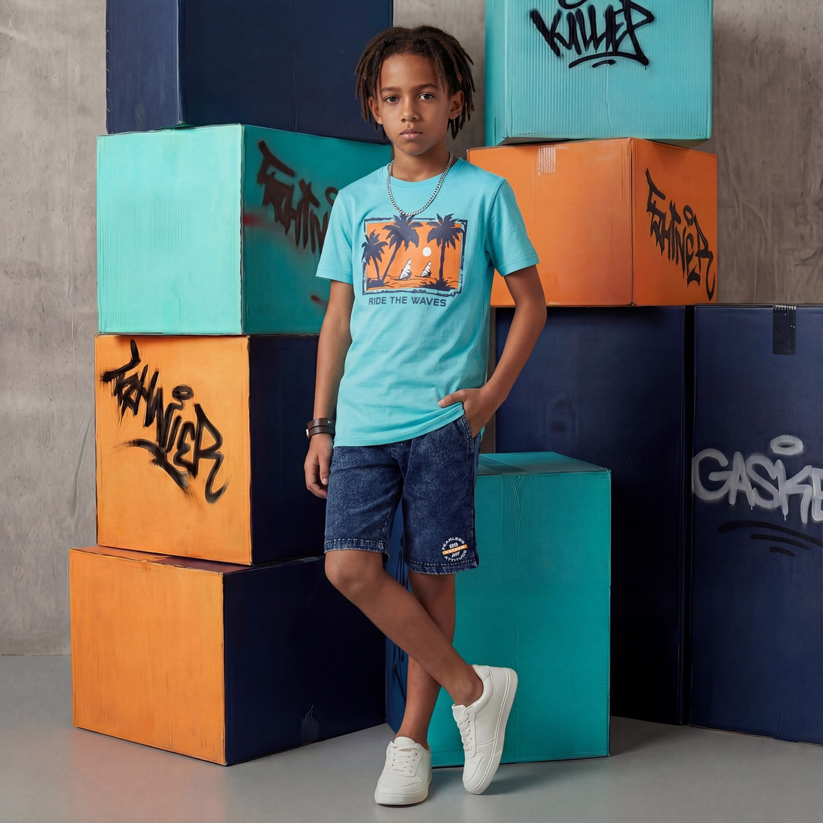 Kid's Red/Aqua Slim Fit Printed T-Shirts