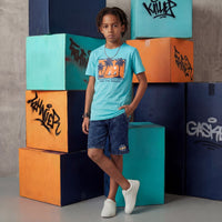Kid's Red/Aqua Slim Fit Printed T-Shirts