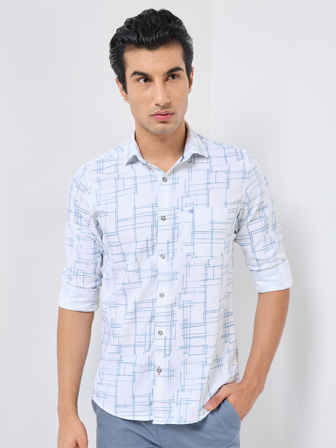Men's White Printed Slim Fit Shirts