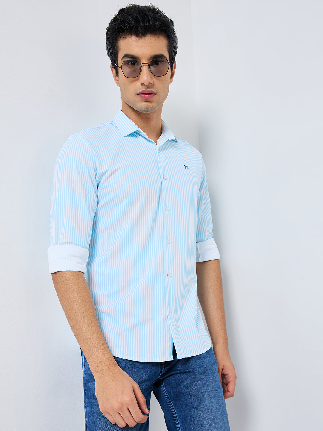 Men's Light Blue Striped Slim Fit Shirts