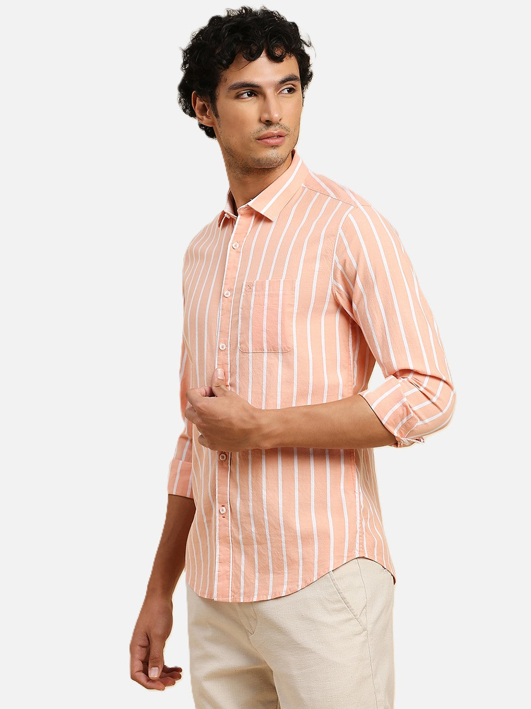 Men's Orange Striped Slim Fit Shirts
