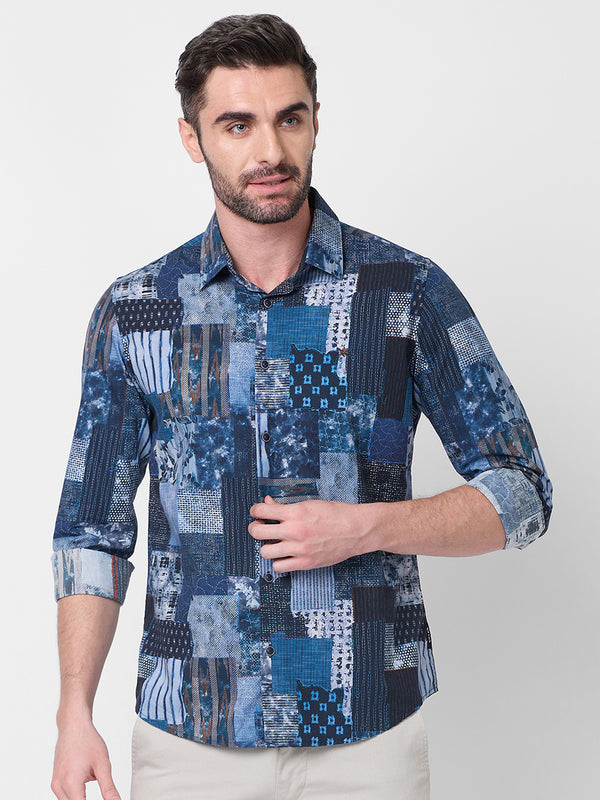 Men's Navy Printed Slim Fit Shirts