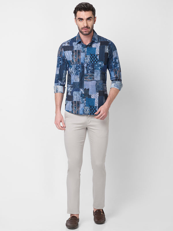 Men's Navy Printed Slim Fit Shirts