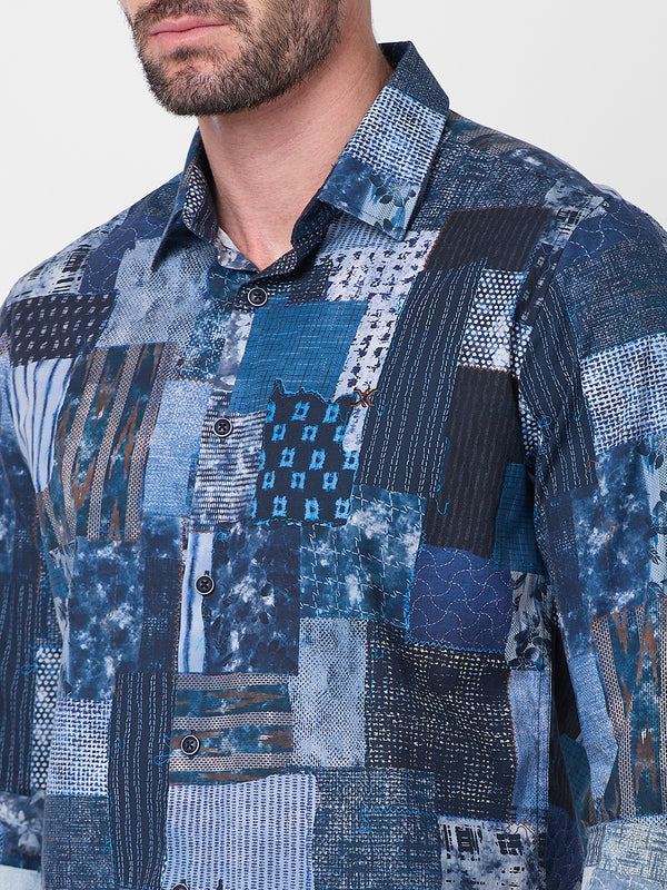 Men's Navy Printed Slim Fit Shirts