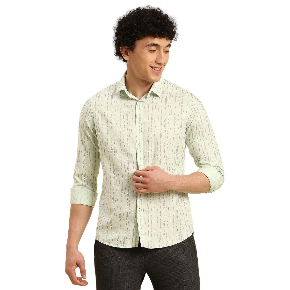 Men's Light Green Printed Slim Fit Shirts