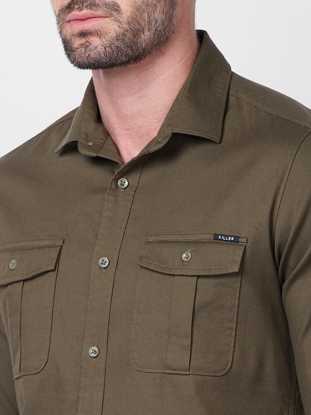 Men's Olive Solid Slim Fit Shirts