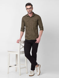 Men's Olive Solid Slim Fit Shirts