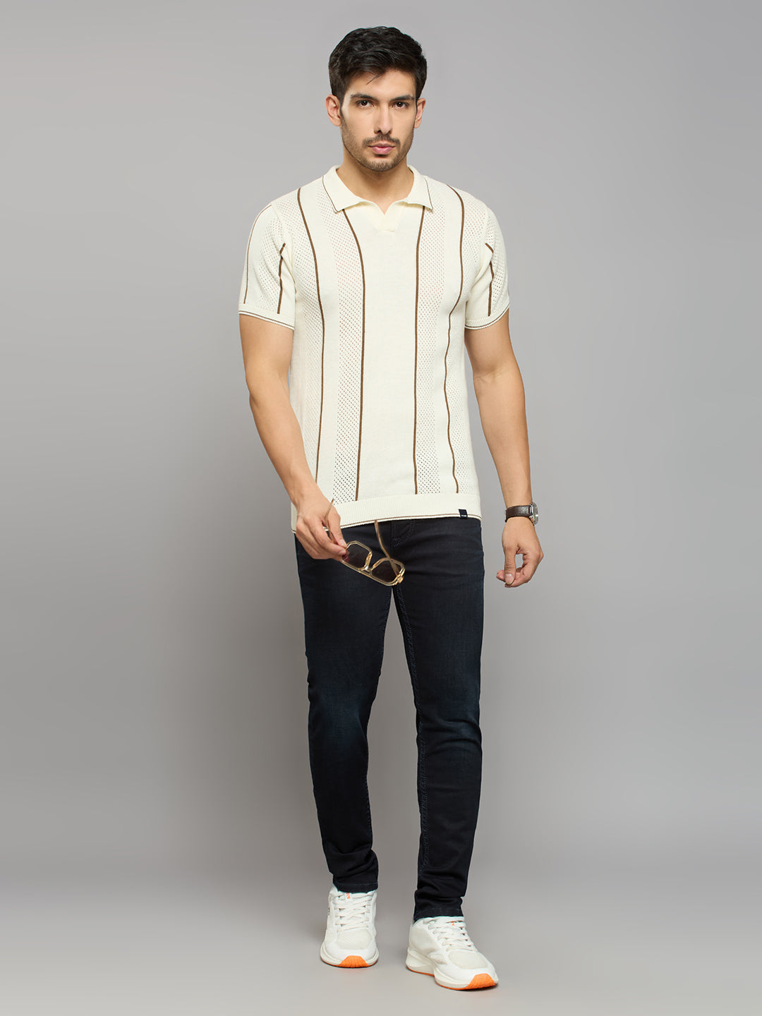 Men's Off White Striped Flat Knits