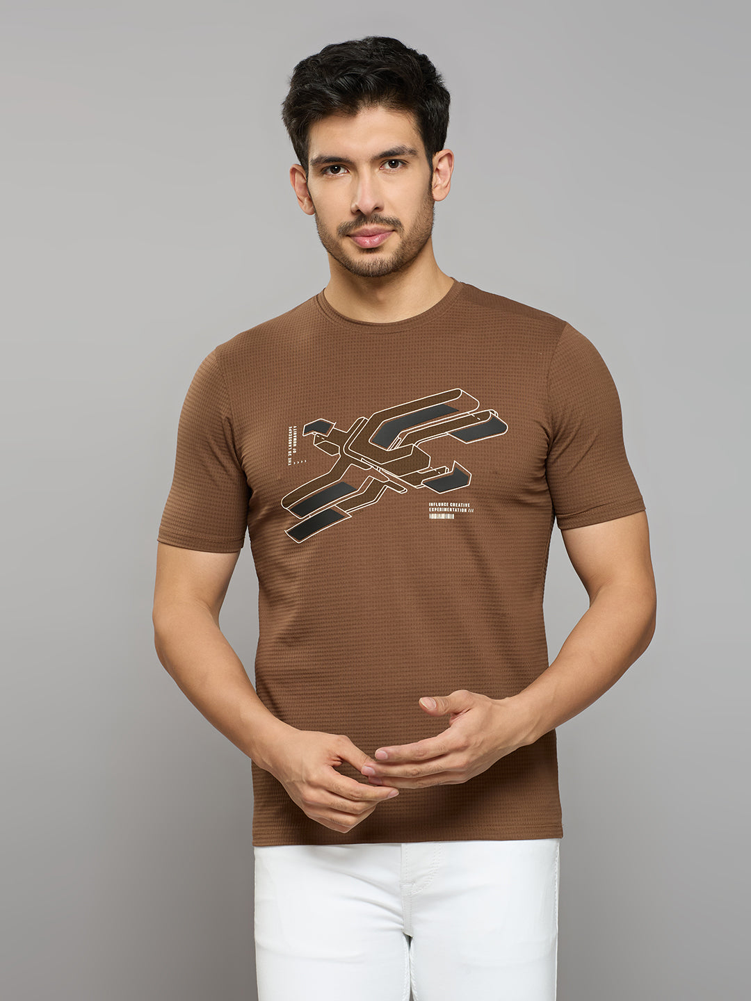 Men's Brown Printed Slim Fit T-Shirts