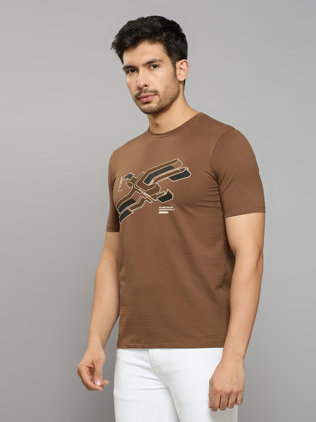 Men's Brown Printed Slim Fit T-Shirts
