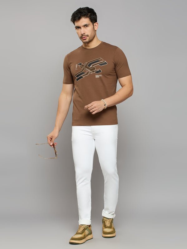 Men's Brown Printed Slim Fit T-Shirts