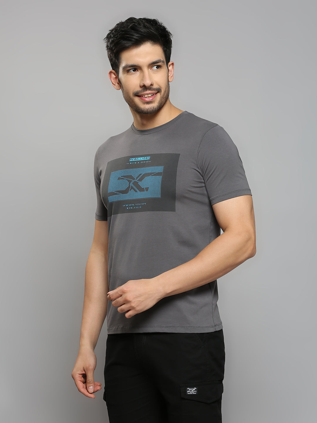 Men's Dark Grey Printed Slim Fit T-Shirts