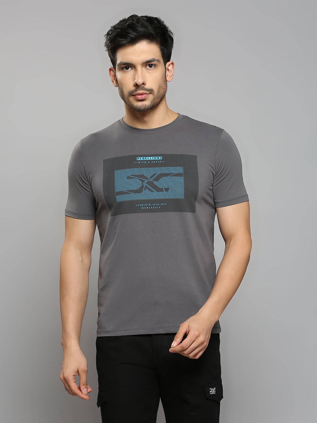Men's Dark Grey Printed Slim Fit T-Shirts