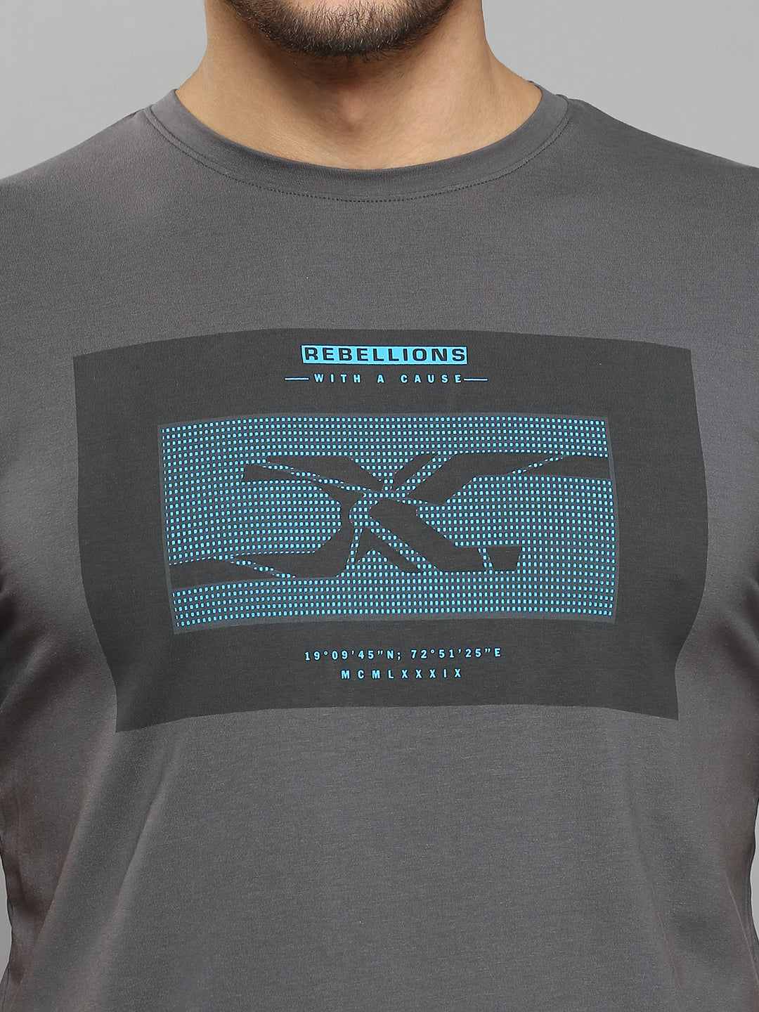 Men's Dark Grey Printed Slim Fit T-Shirts