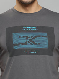 Men's Dark Grey Printed Slim Fit T-Shirts
