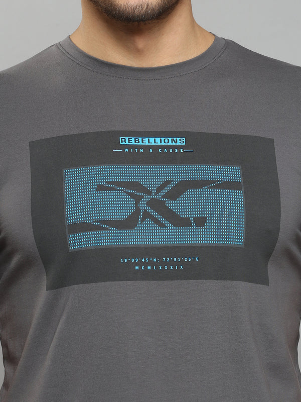Men's Dark Grey Printed Slim Fit T-Shirts