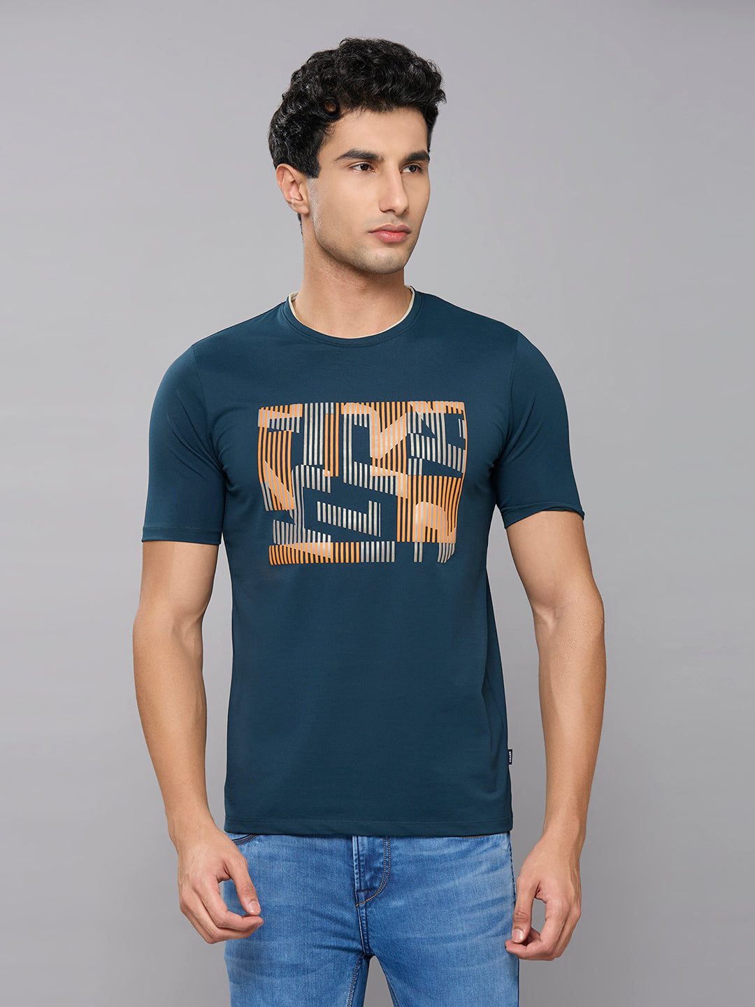 Men's Teal Blue Printed Slim Fit T-Shirts