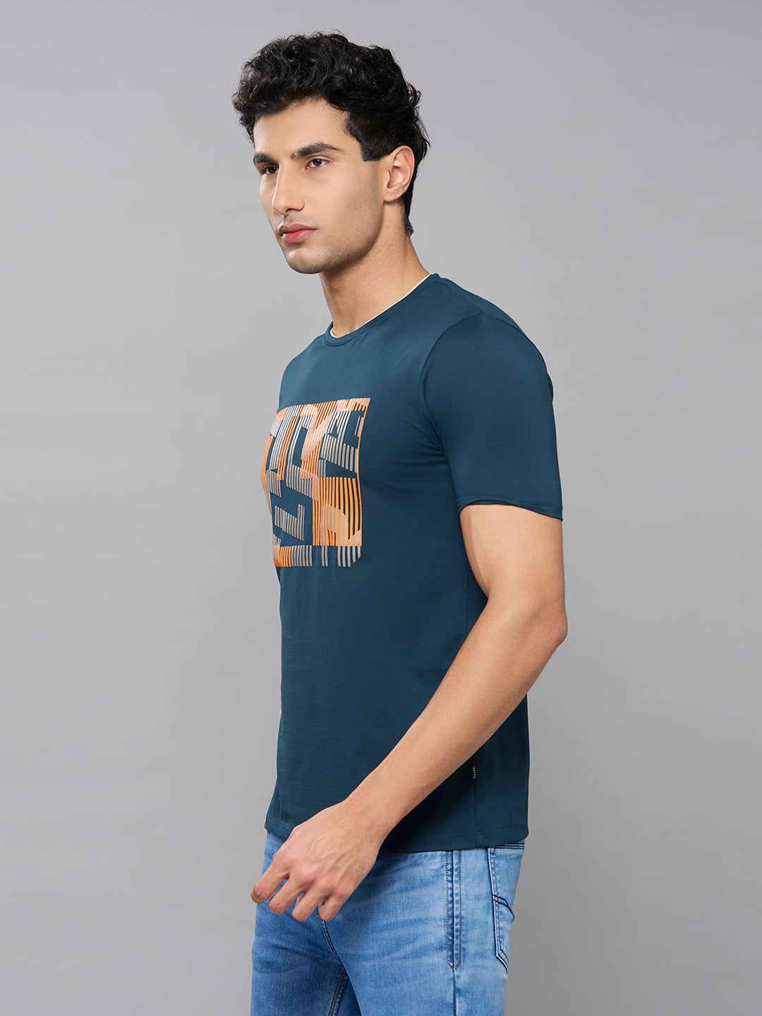 Men's Teal Blue Printed Slim Fit T-Shirts