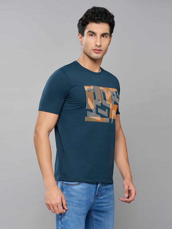 Men's Teal Blue Printed Slim Fit T-Shirts