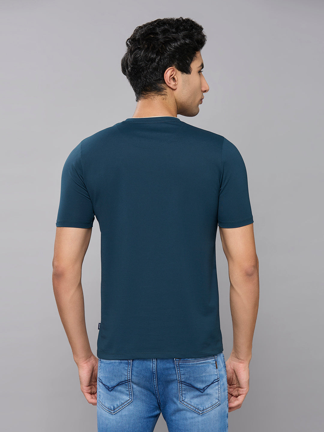 Men's Teal Blue Printed Slim Fit T-Shirts