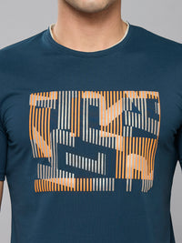 Men's Teal Blue Printed Slim Fit T-Shirts