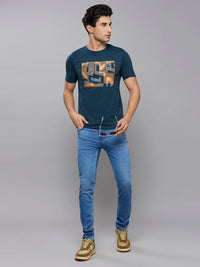 Men's Teal Blue Printed Slim Fit T-Shirts