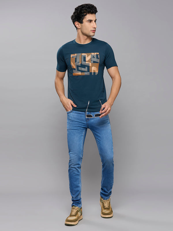 Men's Teal Blue Printed Slim Fit T-Shirts
