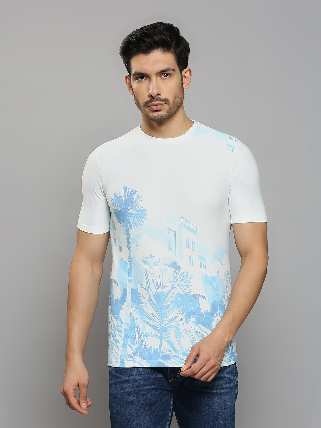 Men's Blue Printed Slim Fit T-Shirts