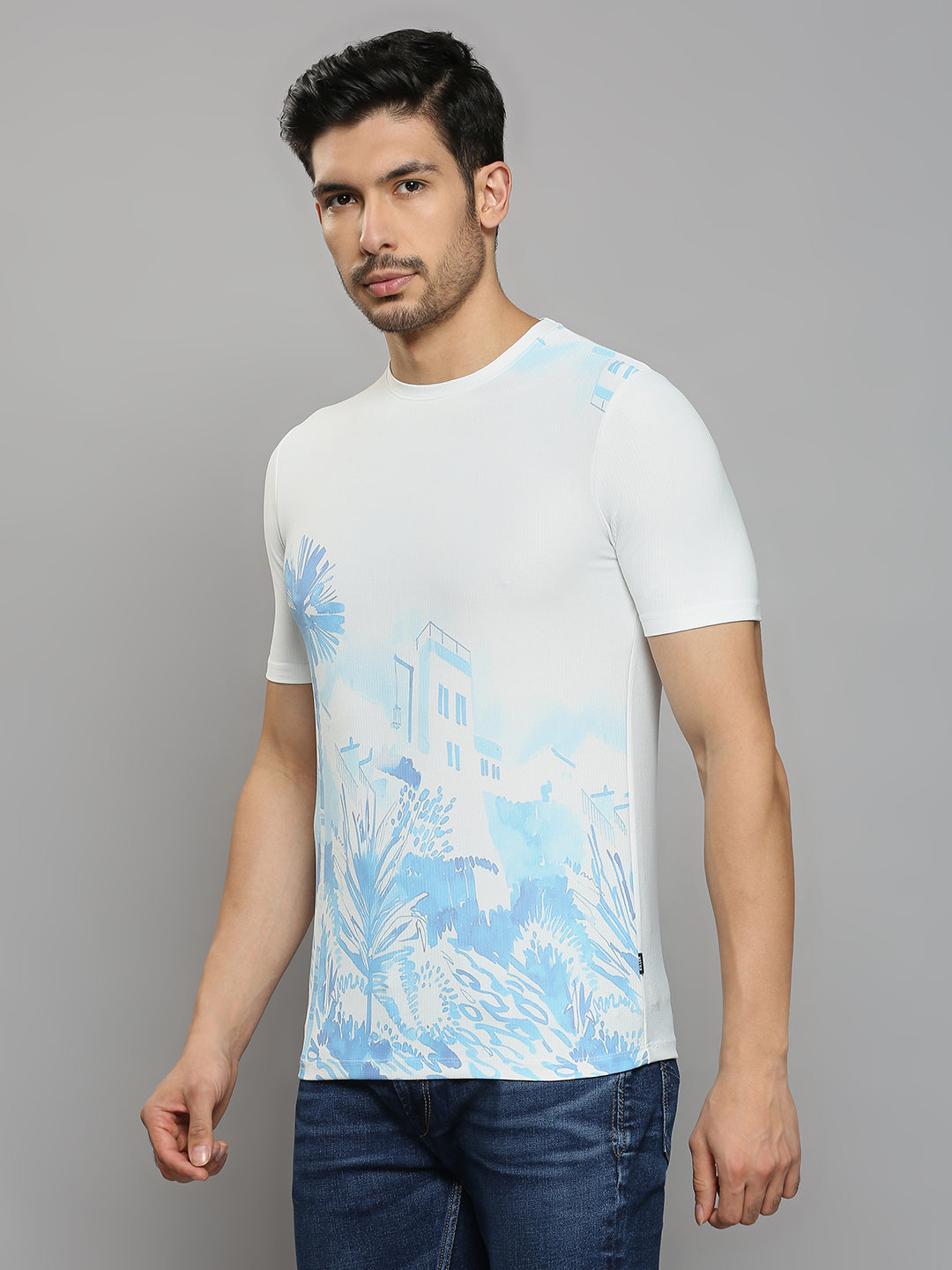 Men's Blue Printed Slim Fit T-Shirts