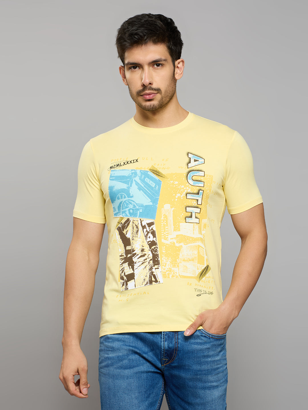 Men's Yellow Printed Slim Fit T-Shirts