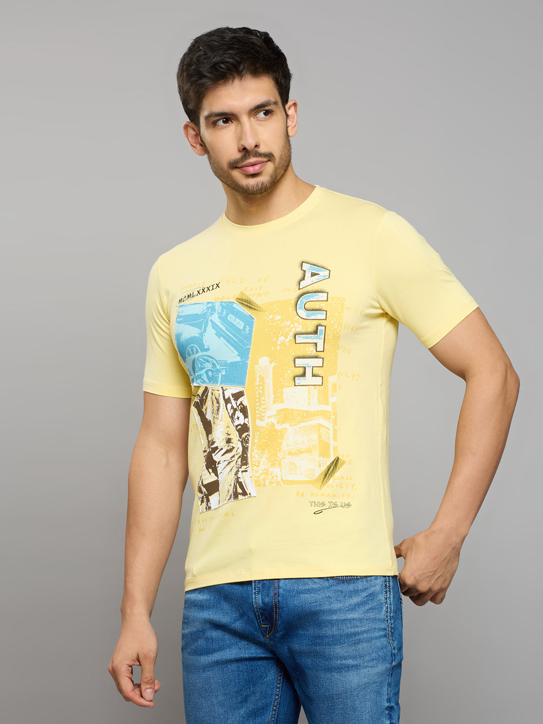 Men's Yellow Printed Slim Fit T-Shirts