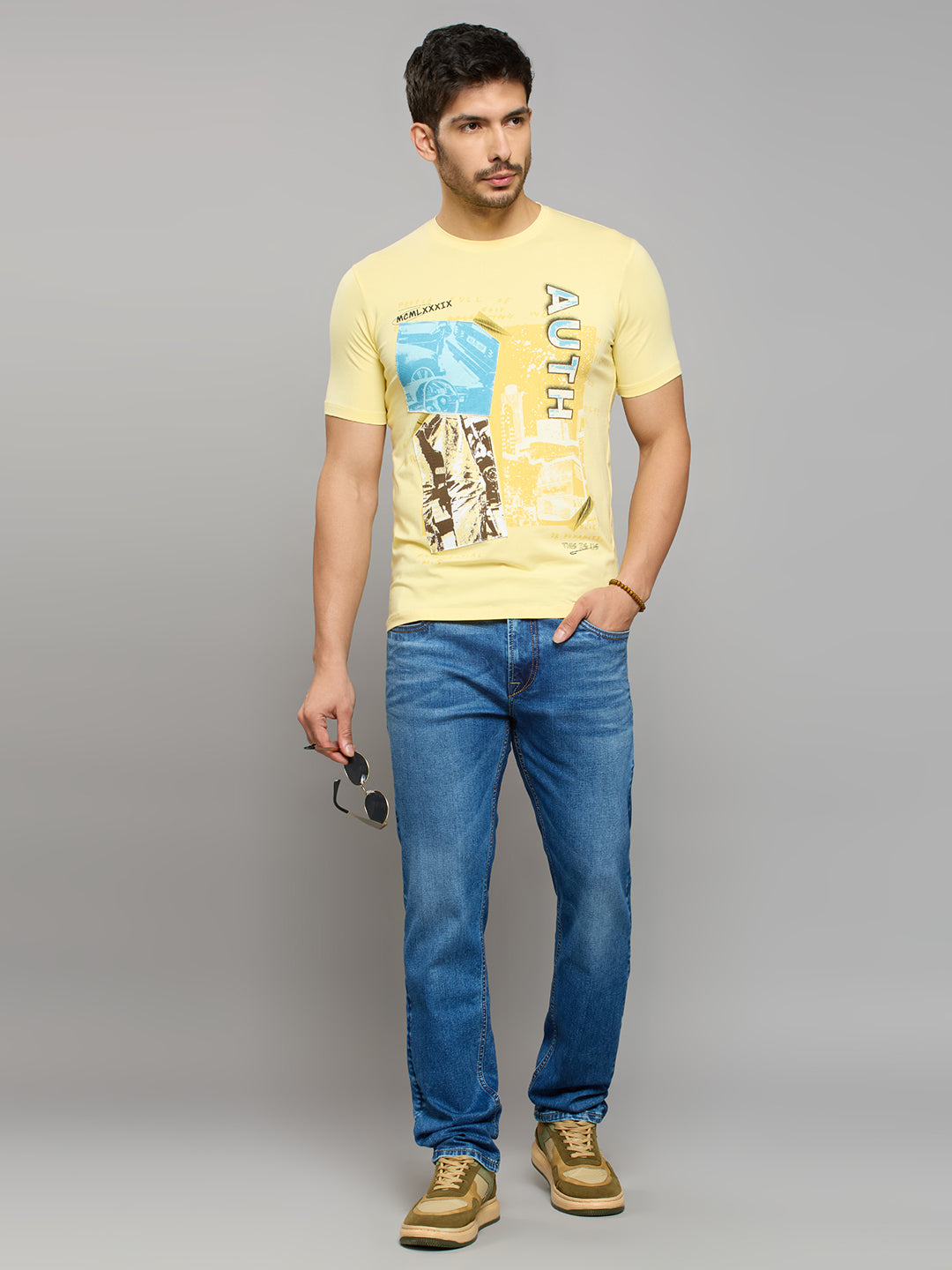 Men's Yellow Printed Slim Fit T-Shirts