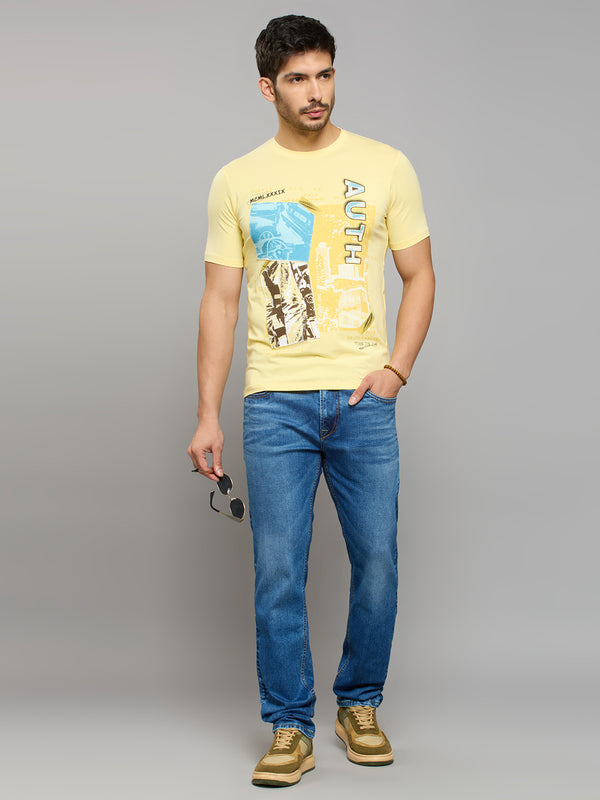 Men's Yellow Printed Slim Fit T-Shirts