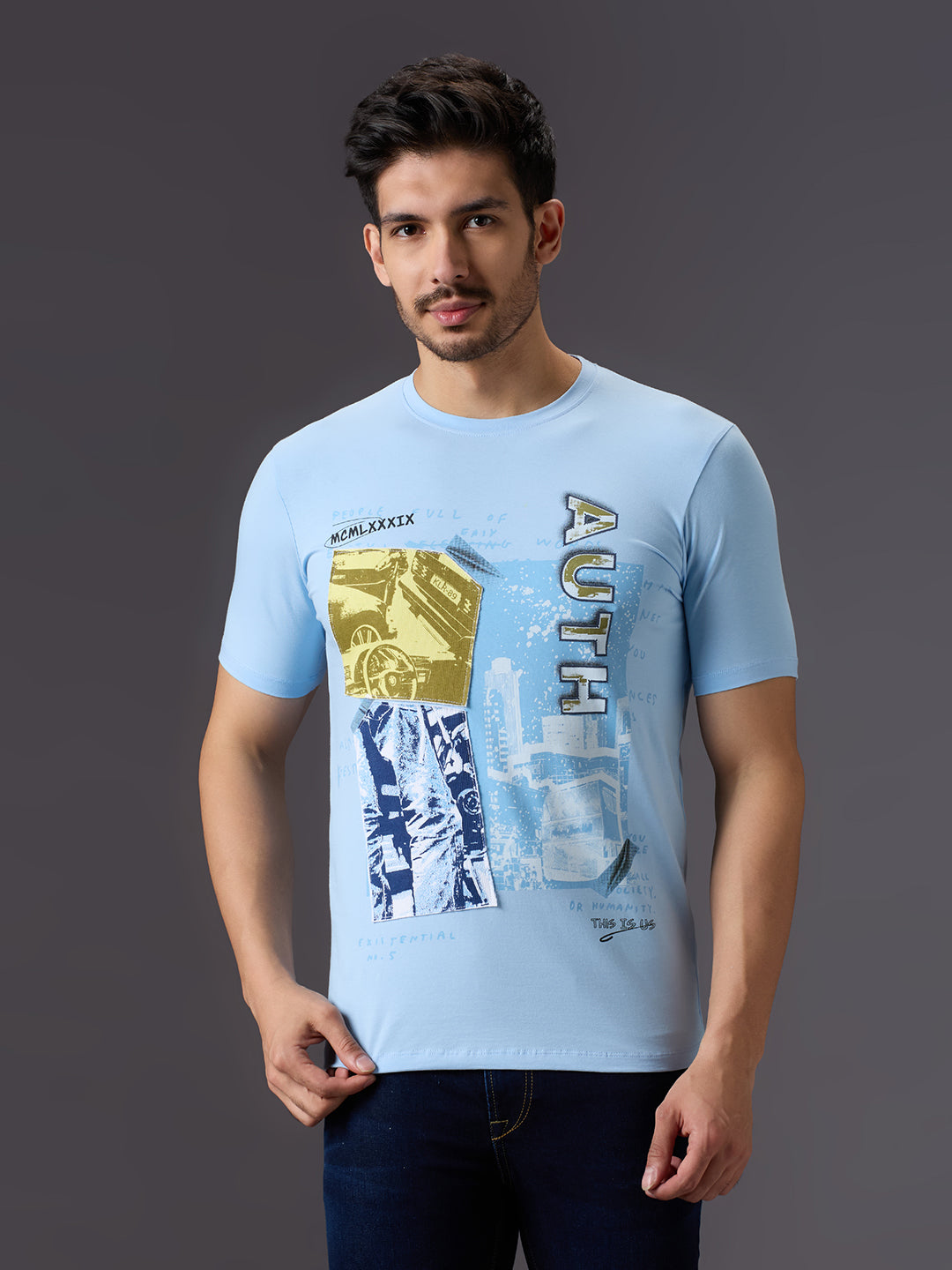Men's Light Blue Printed Slim Fit T-Shirts