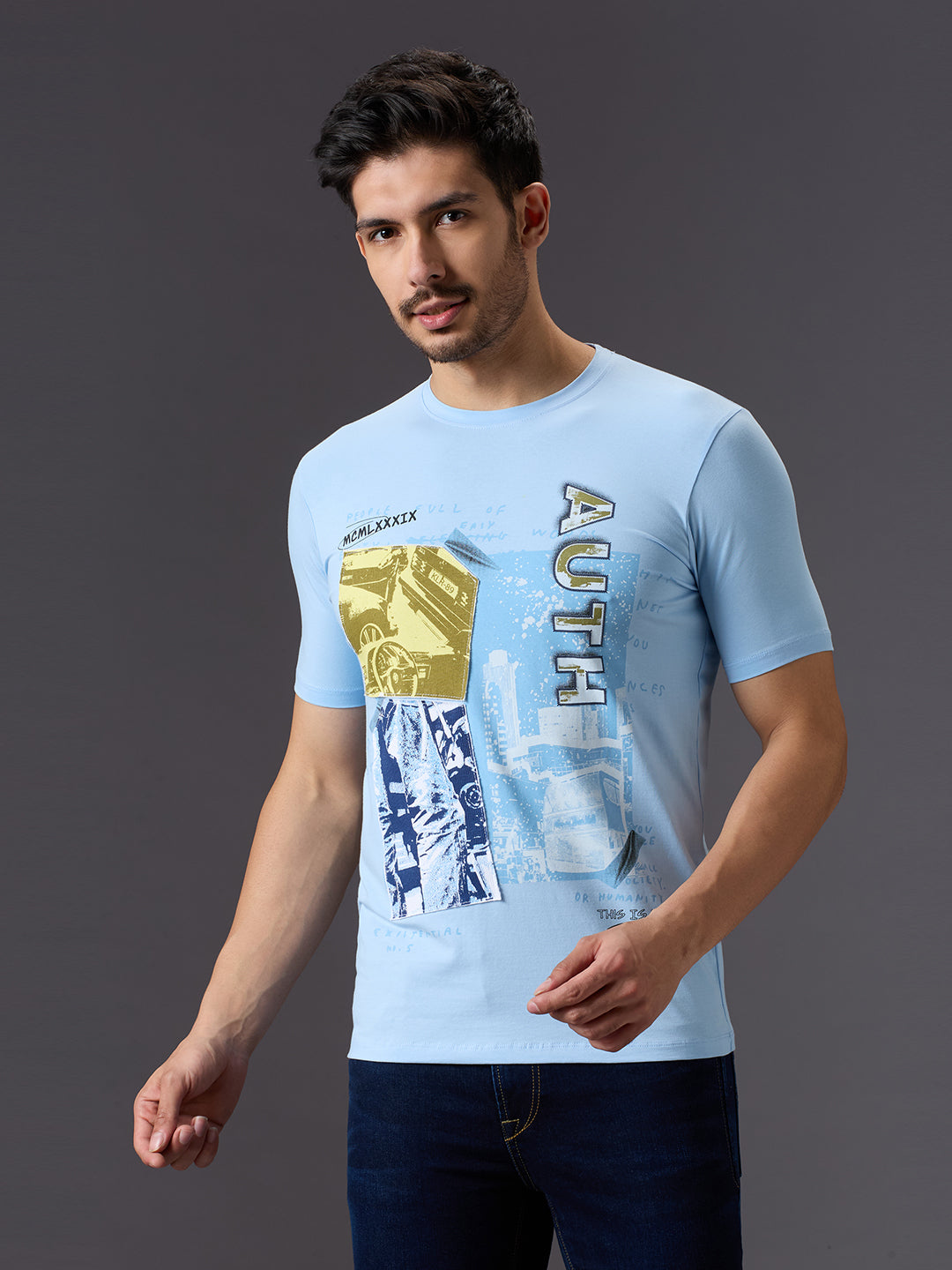 Men's Light Blue Printed Slim Fit T-Shirts