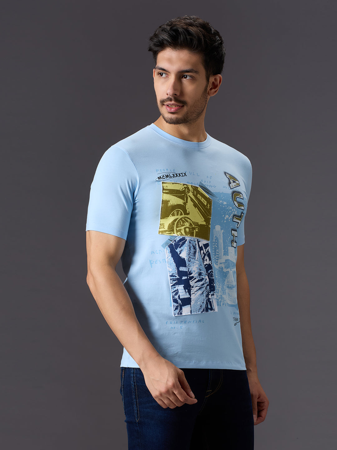 Men's Light Blue Printed Slim Fit T-Shirts