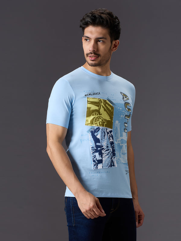 Men's Light Blue Printed Slim Fit T-Shirts