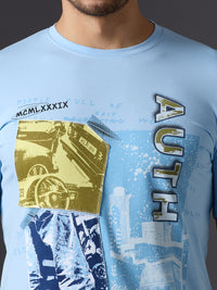 Men's Light Blue Printed Slim Fit T-Shirts