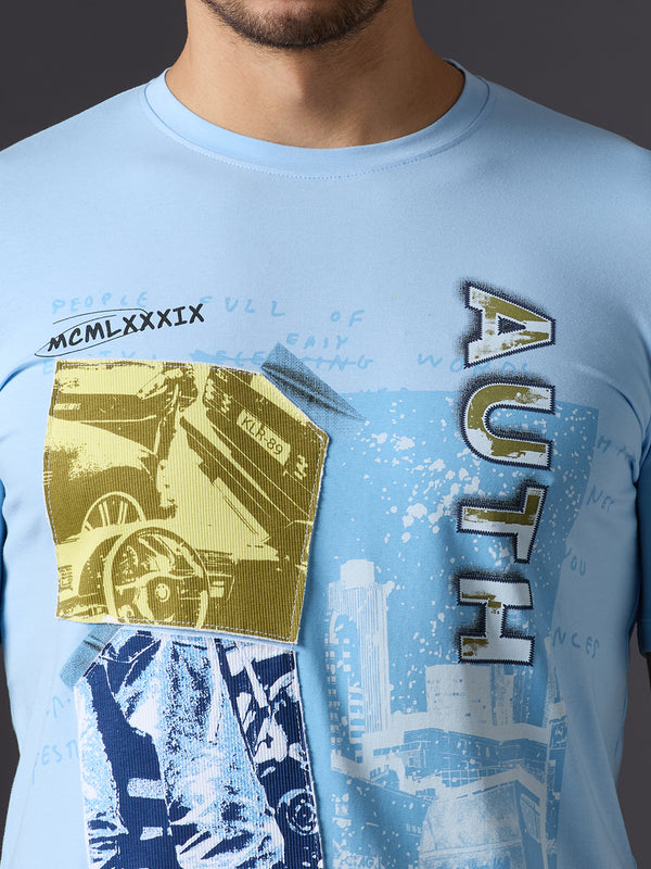 Men's Light Blue Printed Slim Fit T-Shirts